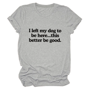 Detail of the fun dog-themed text on gray cotton crewneck short sleeve t-shirt