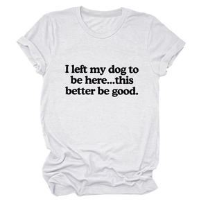 Detail of soft white cotton t-shirt with funny vintage dog slogan print on the chest