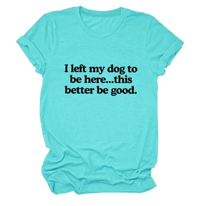 Detailed flat lay of teal crew neck t-shirt with humorous dog-themed text print