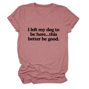 Detail of mauve crew neck t-shirt featuring dog slogan print and rolled sleeve cuffs