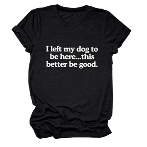 Detail of black cotton round neck T-shirt with humorous white dog slogan print