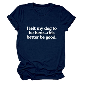 Detail of navy blue cotton T-shirt featuring white letter print about dogs