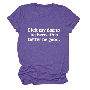 Close-up of a purple cotton blend T-shirt with white text print and soft grey marl texture