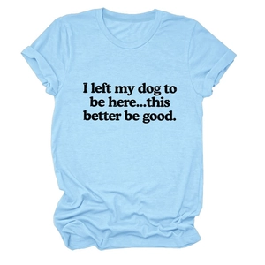 Light blue short sleeve crewneck T-shirt with humorous I left my dog text print
