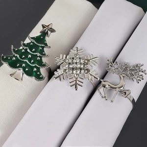 Napkin Rings Reindeer Snowflake Christmas Tree Zinc Alloy Rhinestone Enamel Silver Polished Holiday Dining Table Decoration