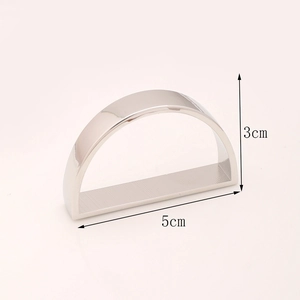Detailed view of silver D-shape metal napkin ring showing 5cm width and 3cm height dimensions