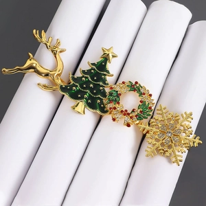 Christmas Napkin Rings Gold Zinc Alloy Reindeer Tree Wreath Snowflake Rhinestone Enamel Holiday Table Decoration