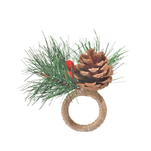 Christmas napkin ring with pine needles, red berries and natural pine cones on hemp rope