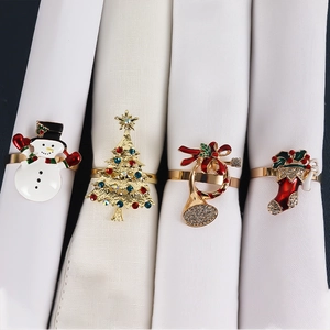 Detail of Christmas napkin rings featuring enamel snowman and rhinestone tree