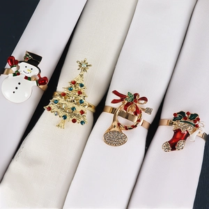Christmas Napkin Rings Alloy Enamel Rhinestone Xmas Tree Snowman Boot Trumpet Shape Holiday Banquet Table Decor