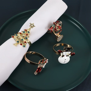 Christmas napkin rings set featuring enamel rhinestone tree snowman and boot on golden alloy