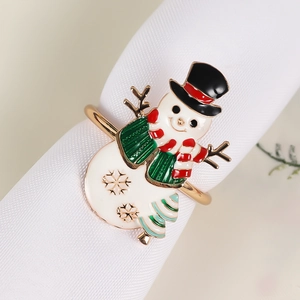 Detail view of a Christmas snowman napkin ring with colorful enamel on a white napkin