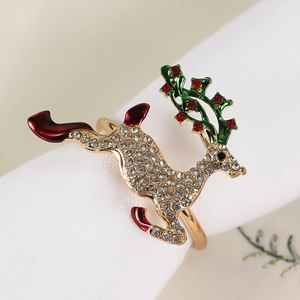 Exquisite golden Christmas reindeer napkin ring with sparkling rhinestones and enamel accents