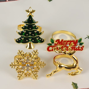 Christmas Napkin Rings Zinc Alloy Reindeer Snowflake Christmas Tree Merry Christmas Rhinestone Enamel Dining Table Decor
