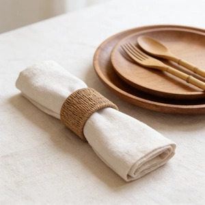 Handmade natural woven grass napkin ring with white linen cloth for rustic table decor