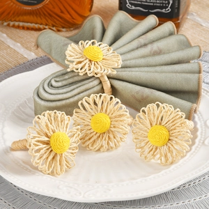 Handmade woven daisy napkin rings set of 4 for rustic bohemian style table decoration