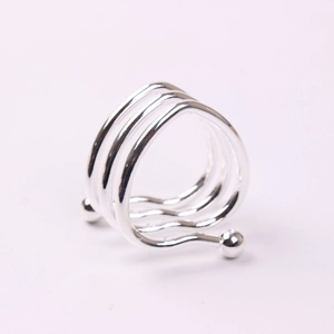 Modern triple-layered silver wavy open ring with spherical accents on white background