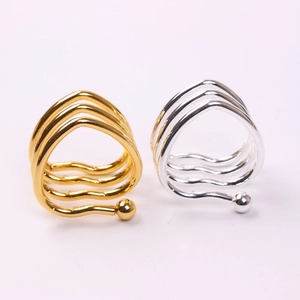 Adjustable multi-layer wavy rings with metal beads in gold and silver finish