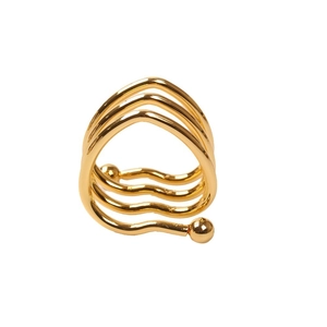 Golden multi-layer wave napkin ring with double beads and high-polished mirror finish