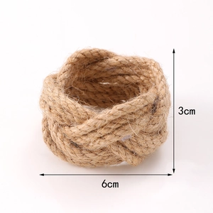 Handmade brown jute rope woven napkin ring for rustic table setting decoration, 6cm diameter
