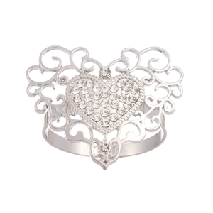 Elegant hollow heart silver napkin ring with white rhinestones on white background