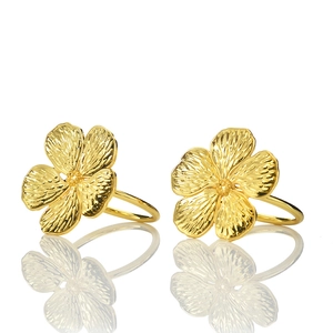 Detailed view of golden flower earrings with brushed metal texture and floral center