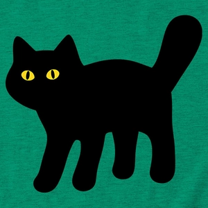 Detail of cute black cat print with yellow eyes on green knit fabric t-shirt