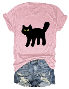 Flat lay of pink marl t-shirt with black cat print and ripped denim shorts