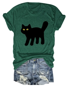 Detailed view of dark green t-shirt with black cat print and yellow eyes graphic