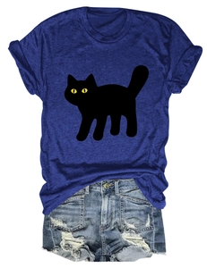 Detailed view of women's navy blue t-shirt with black cat print and ripped denim shorts
