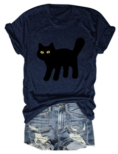 Detail of navy blue cat print t-shirt and distressed denim shorts summer outfit set