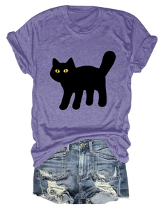 Close-up of cute black cat print on purple crew neck cotton t-shirt with knit texture