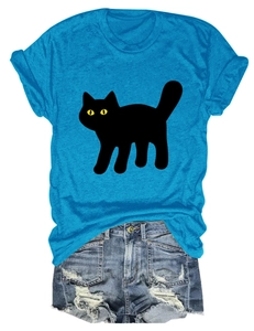 Flat lay of bright blue cotton blend t-shirt with cute black cat graphic print