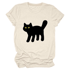 Close-up of cream cotton t-shirt featuring a minimalist black cat print with yellow eyes