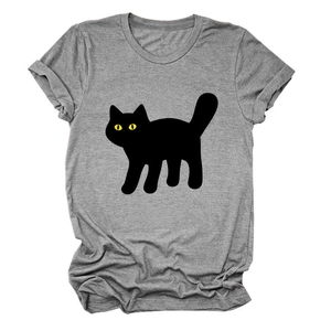 Detail of grey cat print t-shirt showing cute silhouette and soft cotton fabric texture