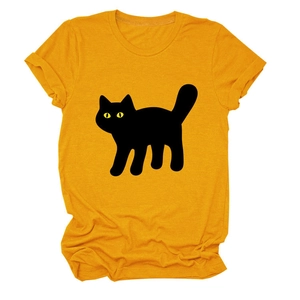 Close-up of ginger yellow cotton T-shirt featuring a black cat silhouette print