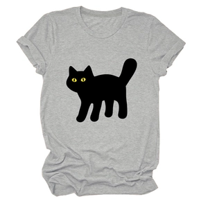Detail of grey crew neck t-shirt featuring a cute cartoon black cat with yellow eyes