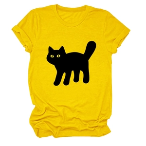 Casual yellow crewneck T-shirt with a large black cat silhouette graphic for women