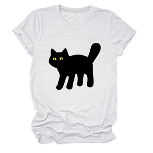 Detailed view of soft cotton fabric and vibrant black cat print on white t-shirt