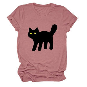 Close-up of pink crew neck t-shirt with black cat print and rolled cuff detail