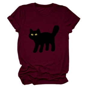 Detail of burgundy t-shirt with black cat silhouette print and yellow eyes