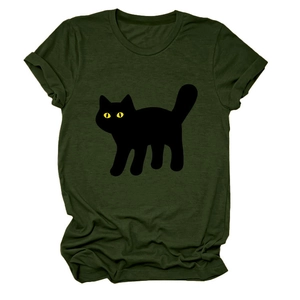 Detail of a dark green round neck T-shirt featuring a minimalist black cat graphic