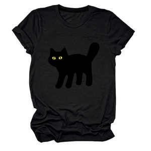Close-up of minimalist black cat graphic with yellow eyes on a cotton crewneck tee