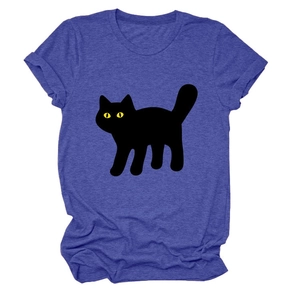 Detail of cute black cat silhouette with yellow eyes printed on heather purple t-shirt