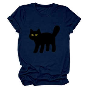 Flat lay detail of a navy blue cotton T-shirt featuring a cute black cat print