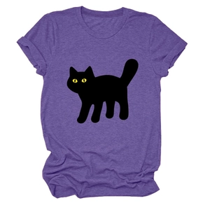 Detailed view of casual purple t-shirt featuring a cute black cat print with yellow eyes