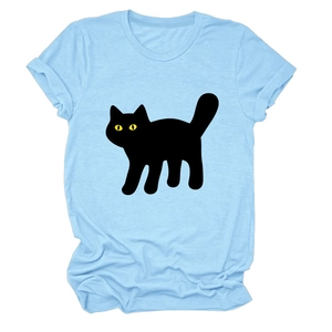Detailed view of light blue t-shirt featuring minimalist black cat print and rolled cuffs