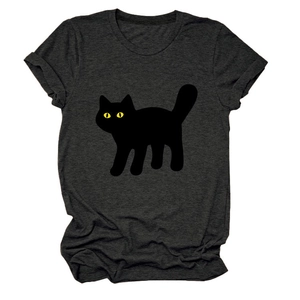 Detail of cute black cat print on charcoal grey cotton short sleeve crewneck t-shirt