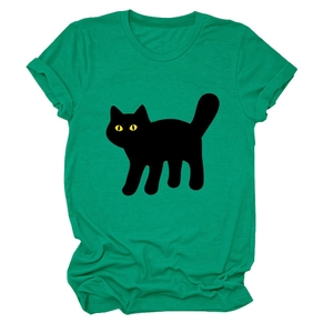 Flat lay detail of a bright green crewneck T-shirt with a minimalist black cat print