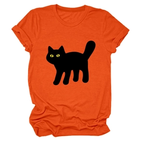 Detailed view of the vibrant orange cotton fabric and the black cat graphic print